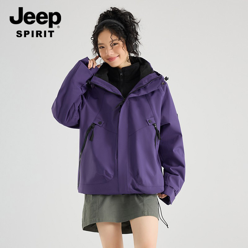 JEEP吉普情侣款冲锋衣男女同款户外可拆卸防风防水休闲外套夹克厚
