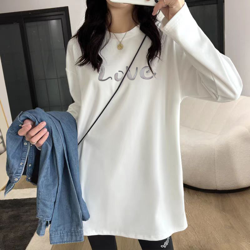 白色简约圆领长袖t恤女2025秋冬季德绒保暖宽松显瘦中长款ins上衣