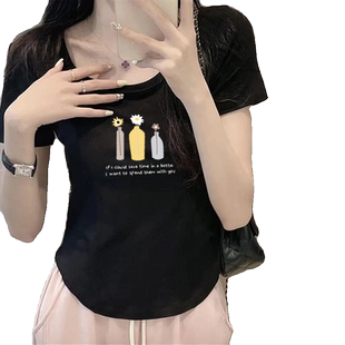 圆领正肩短款不规则上衣女夏天螺纹短袖T恤时尚辣妹弧形下摆小衫