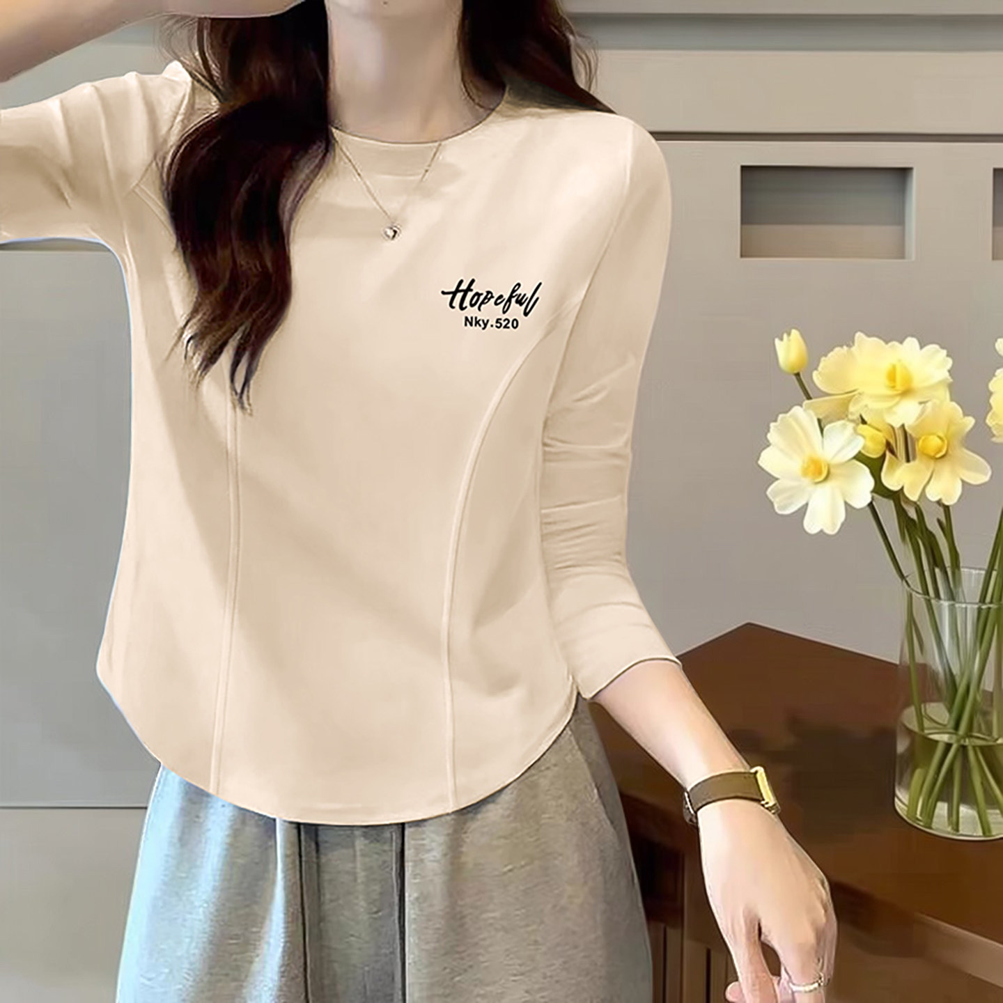 棉质正肩长袖收腰鱼骨T恤女2026春季新款圆领正肩上衣体恤打底衫,女装/女士精品,T恤,淘宝优惠券,粉丝福利购,淘宝优惠卷