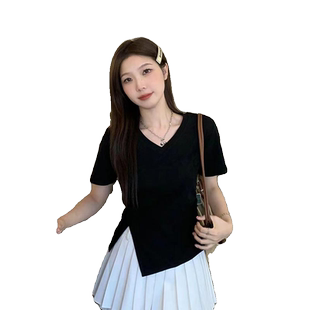 黑色正肩V领短袖t恤女夏季棉质修身显瘦设计感小众开叉不规则上衣