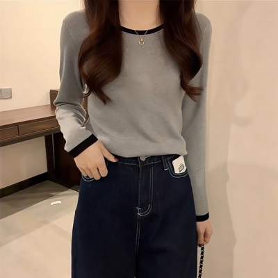 正肩显瘦打底衫设计感2025秋装纯棉小众撞色高级灰长袖t恤上衣女