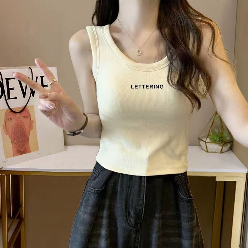 2025夏季纯棉宽肩遮副乳背心女内搭打底无袖字母简约吊带小上衣服