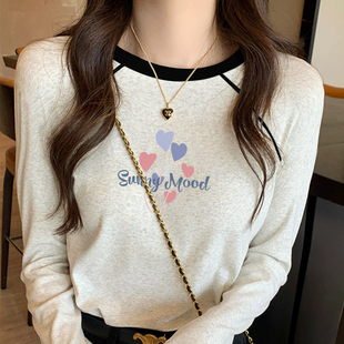 2025年秋季新款撞色圆领显瘦小众米灰色纯棉插肩长袖T恤上衣女装