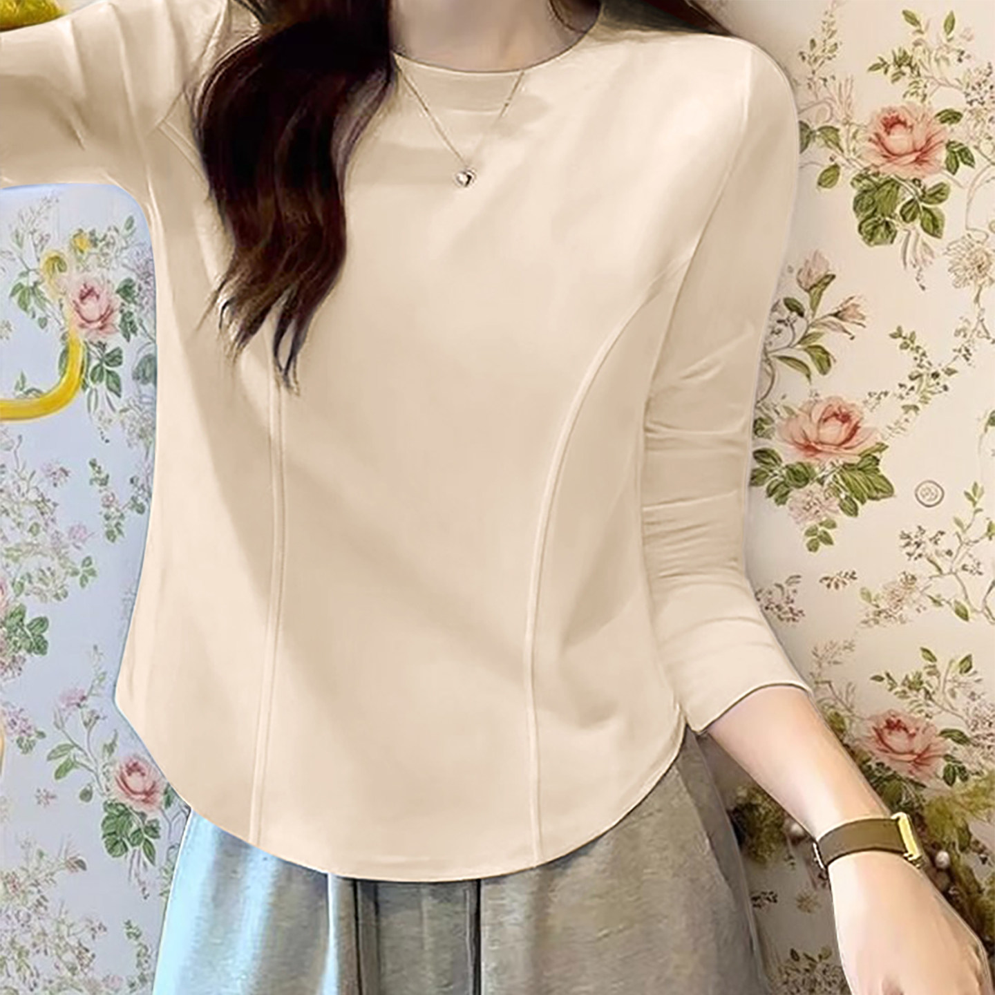2026春装棉感长袖打底T恤女士圆领修身鱼骨显瘦收腰弧形打底上衣,女装/女士精品,T恤,淘宝优惠券,粉丝福利购,淘宝优惠卷