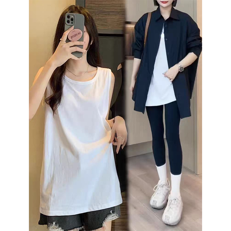 无袖遮屁股中长白色吊带背心纯棉t恤女春秋季卫衣叠穿内搭打底衫