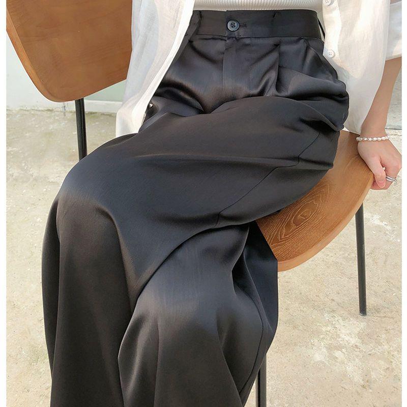 黑色缎面阔腿裤女春秋2024新款仿醋酸高腰垂感西装裤子女夏季薄款