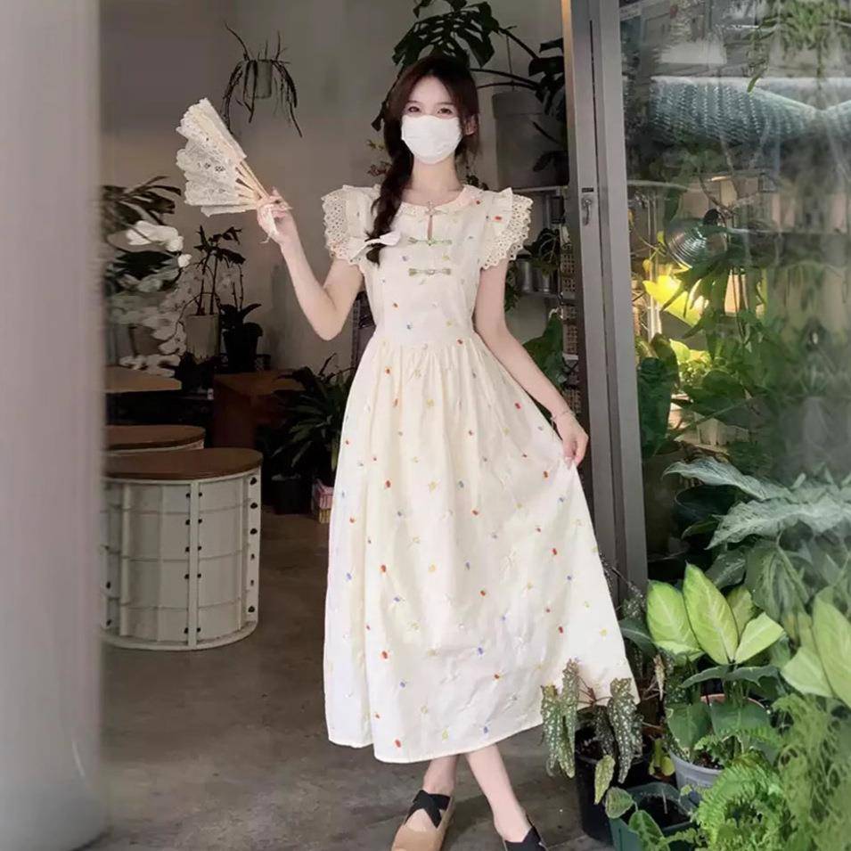 新中式女装短袖碎花连衣裙女夏季高级感气质收腰显瘦温柔风长裙子