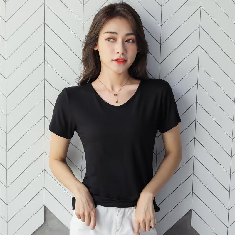 莫代尔短袖白色面膜t恤女夏V领2025年新款冰丝低领宽松打底衫上衣