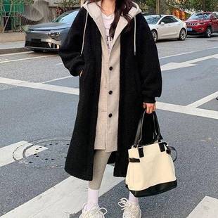 中长款 假两件连帽外套女羊羔毛绒大衣秋冬季 百搭宽松加绒加厚卫衣