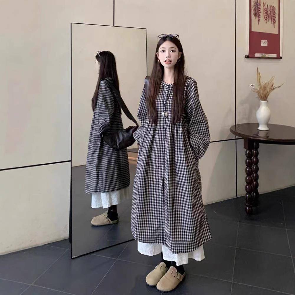 撞色格子圆领长袖连衣裙女款秋季日系复古慵懒风叠穿衬衫裙长裙子