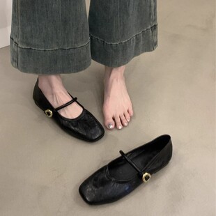 女一字带休闲百搭通勤黑色浅口平底单鞋 羊皮版 复古方头玛丽珍鞋
