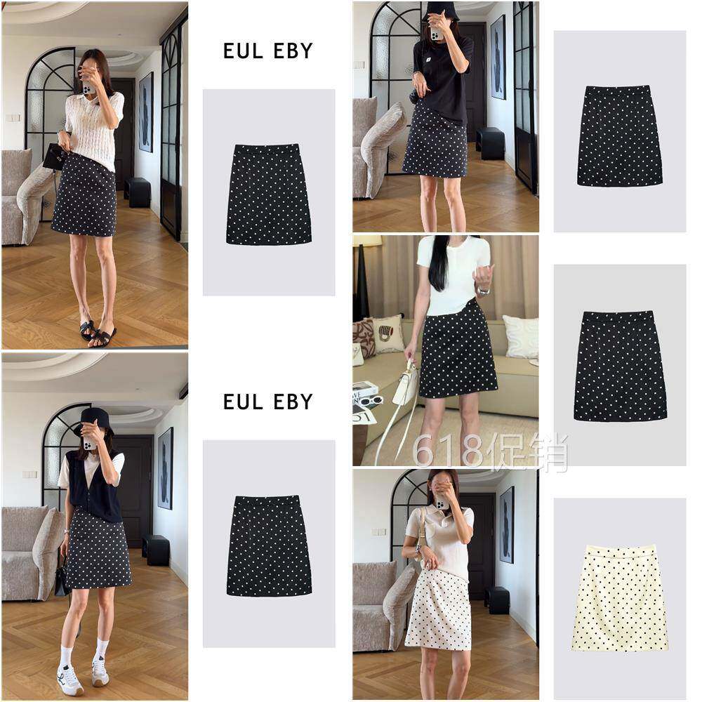 EUL EBY夏季薄款中裙高腰气质韩系波点半身裙黑色短裙女款251282#