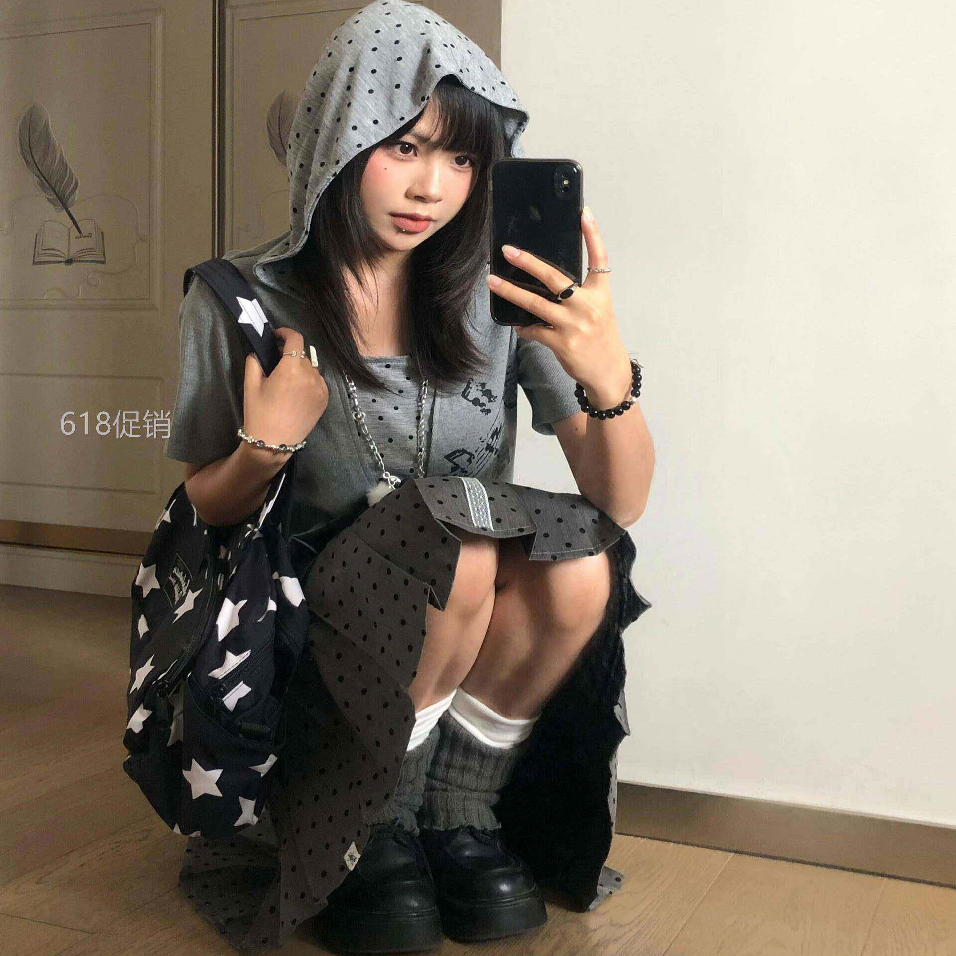 格雷系灰色波点百褶裙子半身裙女春季新款A字中裙百搭显瘦蓬蓬裙