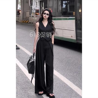 炸街减龄洋派时尚套装女夏辣妹微胖显瘦遮肉马甲阔腿西装裤两件套
