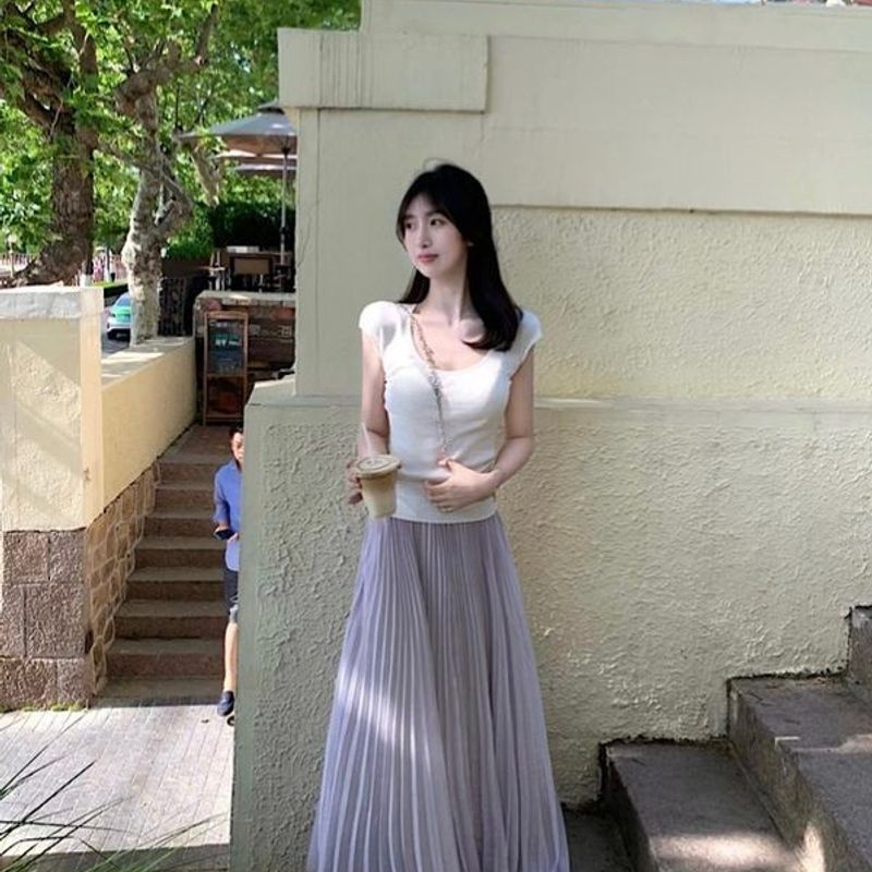 PPHOME北屿甜心~气质穿搭一整套温柔修身针织短袖T恤紫色半身长裙