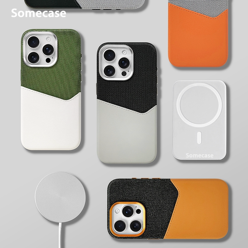 皮革可插卡式磁吸布纹苹果手机壳