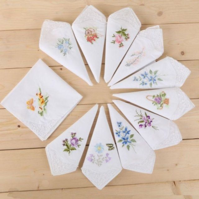 3pcs/set women basic white square handkerchief floral embroi