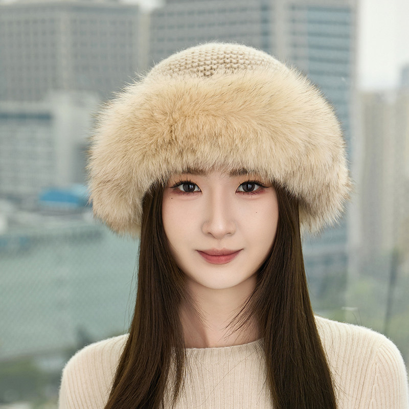 24秋冬新款100%纯山羊绒帽子女款渔夫帽狐狸毛圈显脸小女士帽子
