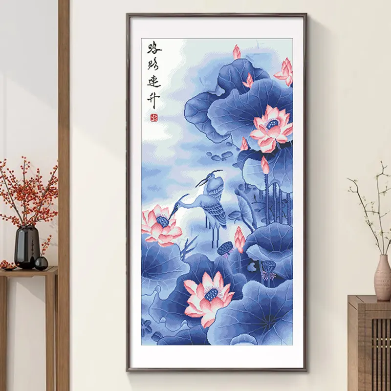 抖音快手跨境一件代发满绣十字绣2024新款客厅线绣荷花路路平安