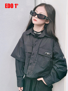 edo1一度童装Outlets春款男女童清仓假两件衬衫儿童短款长袖衬衫