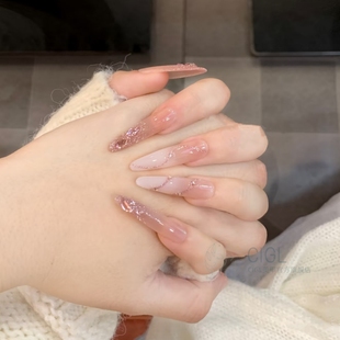 纯手工穿戴甲温柔爆闪气质丝带美甲贴片超长款ins显白高级感细狗