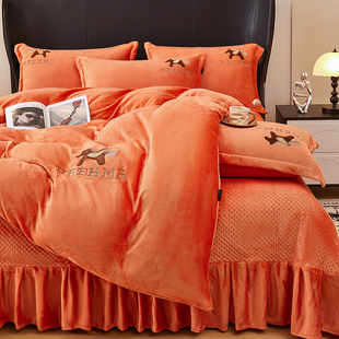 A类冬季加厚牛奶绒床盖刺绣款四件套双面绒床盖可机洗