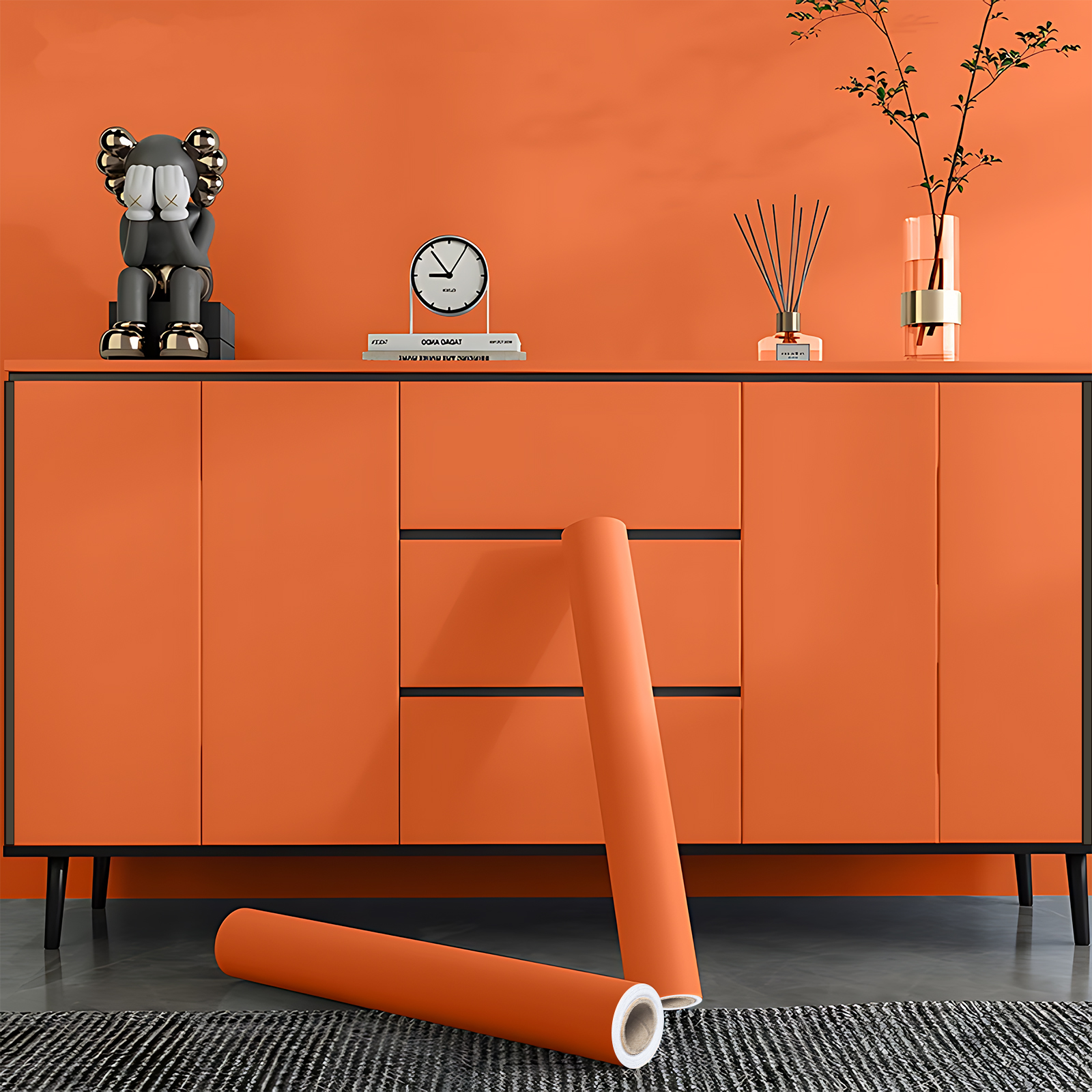 橙色贴纸衣柜门加厚肤感改色贴膜旧家具防水自粘贴皮柜子翻新改造