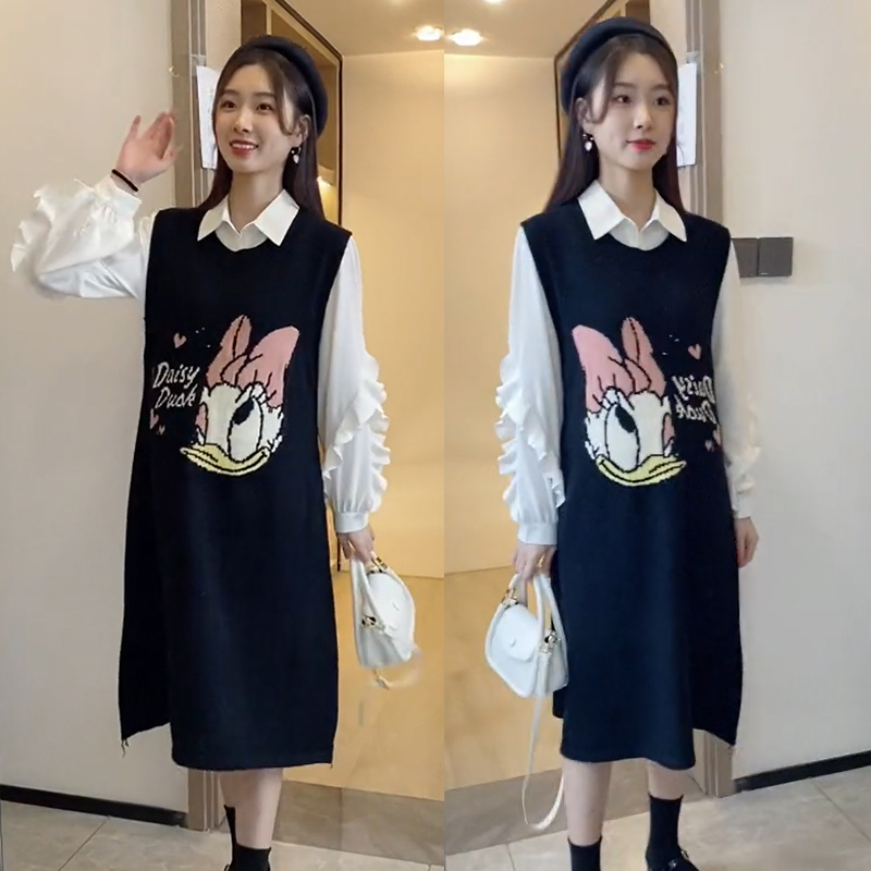 孕妇毛衣连衣裙秋冬套装背心打底针织中长款春秋网红上衣Y2021新