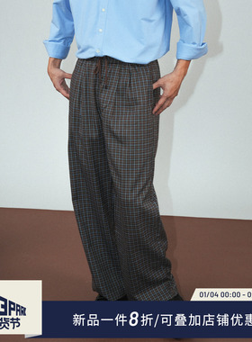 O3PARK秋季新款复古学院风格纹长裤宽松百搭咖啡色老钱风格子西裤