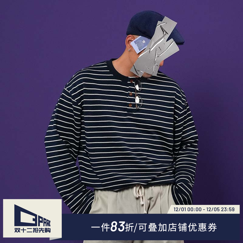 O3PARK长袖亨利领长袖条纹T恤