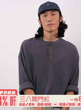 O3PARK秋季新款日系休闲无领polo衫复古阿美咔叽亨利领长袖T恤