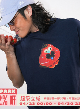 O3PARK夏季新款百搭纯棉针织短袖 宽松复古水果番茄战士印花T恤