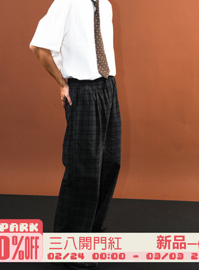 O3PARK春季新款复古学院风格纹长裤宽松百搭墨绿色老钱风格子西裤