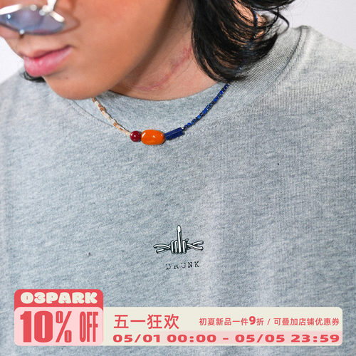 O3PARK夏季新款百搭纯棉针织短袖 宽松复古文字 DRUNK 印花T恤 - 封面