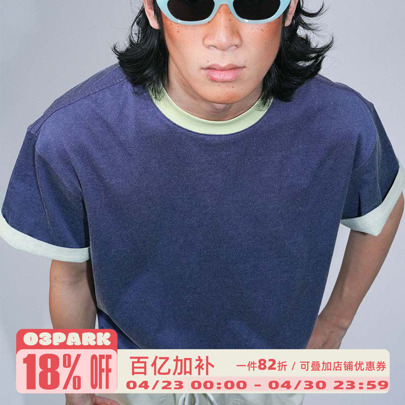 O3PARK夏季新款复古运动风双色圆领短袖宽松百搭撞色领卷袖T恤