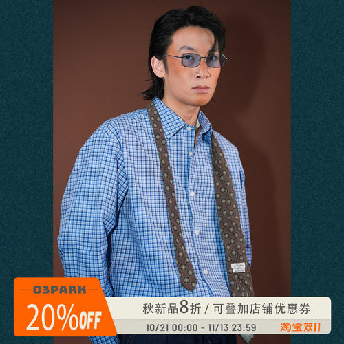O3PARK纯棉蓝色格子衬衫