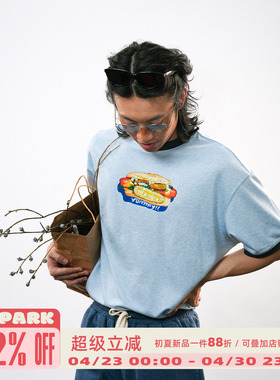 O3PARK夏季新款莫代尔速干短袖宽松百搭复古撞色”热狗“印花T恤