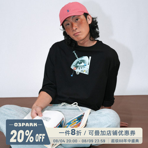 O3PARK印花纯棉圆领长袖T恤