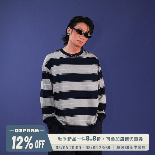 O3PARK日系花灰藏蓝条纹长袖T恤