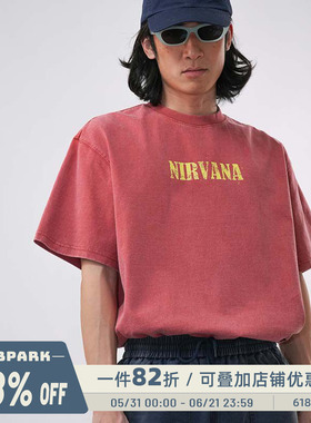 O3PARK夏季新款“NIRVANA”短袖水洗做旧重磅复古印花圆领T恤