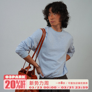 O3PARK新款 纯棉蓝花灰圆领净色T恤 微宽松百搭通勤纯色打底长袖