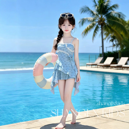 女童夏季不规则拼接花边泳衣