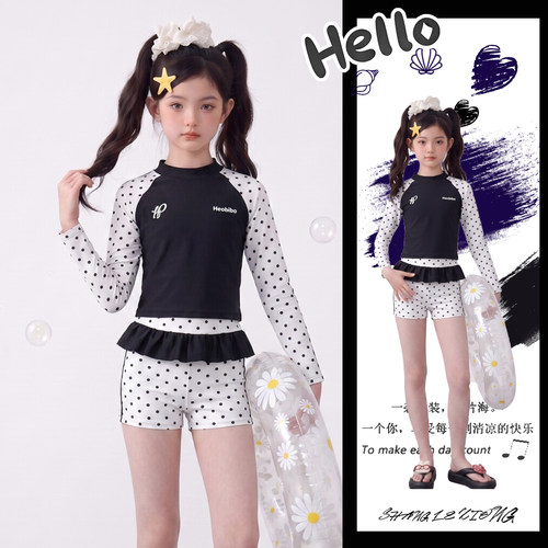 女童夏季长袖波点拼色泳衣