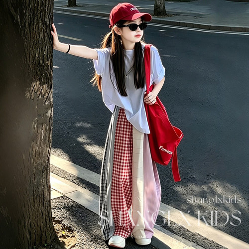 女童夏季设计款拼接格子阔腿裤