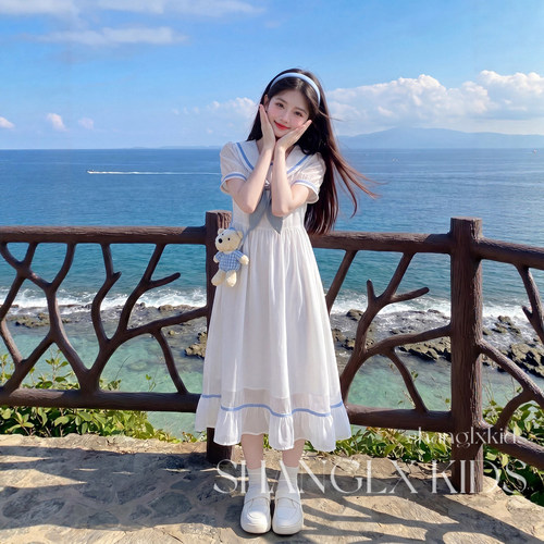 女童夏季薄款翻领拼接网纱连衣裙