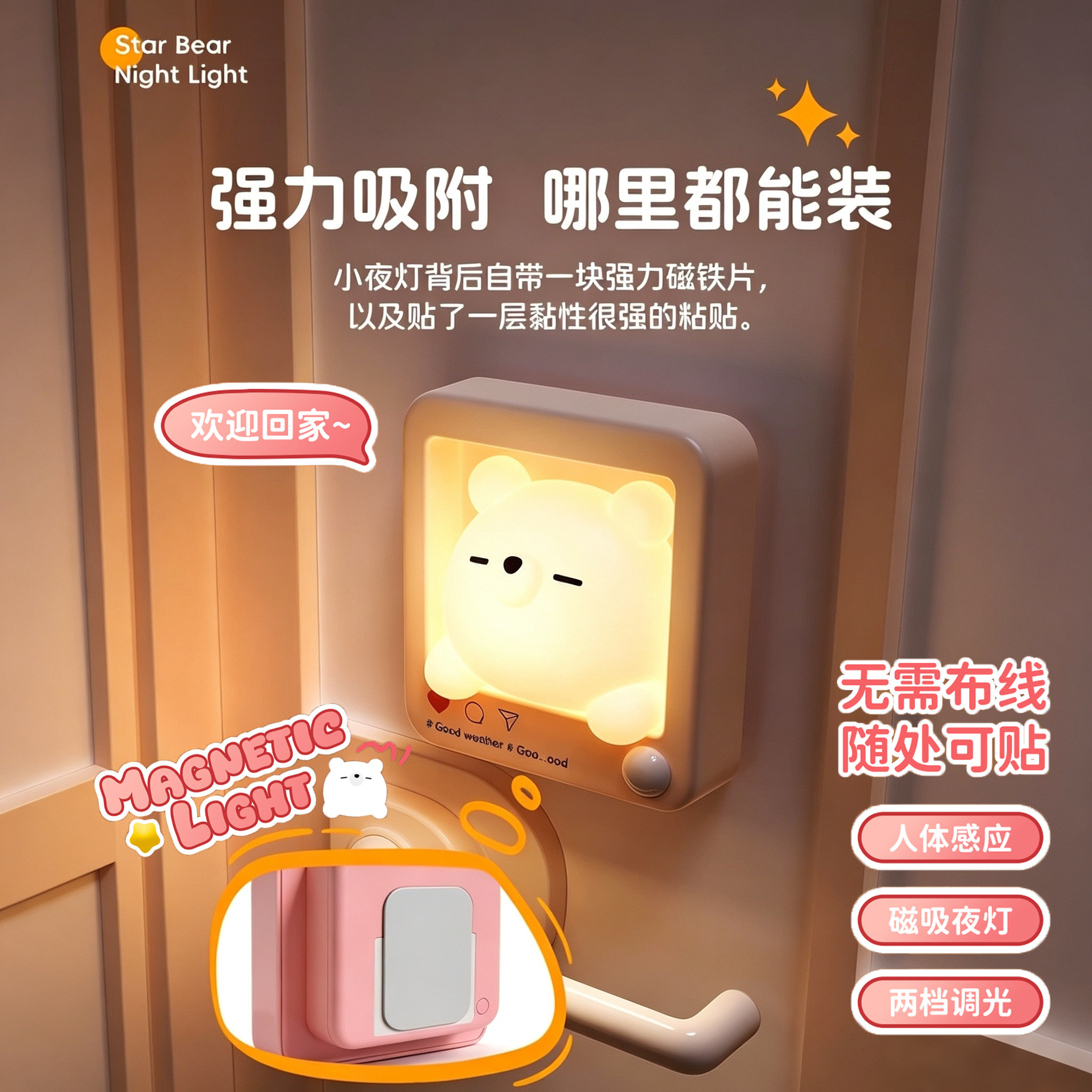 呆萌熊人体感应小夜灯磁吸免布线礼物家用入户起夜床头氛围台壁灯