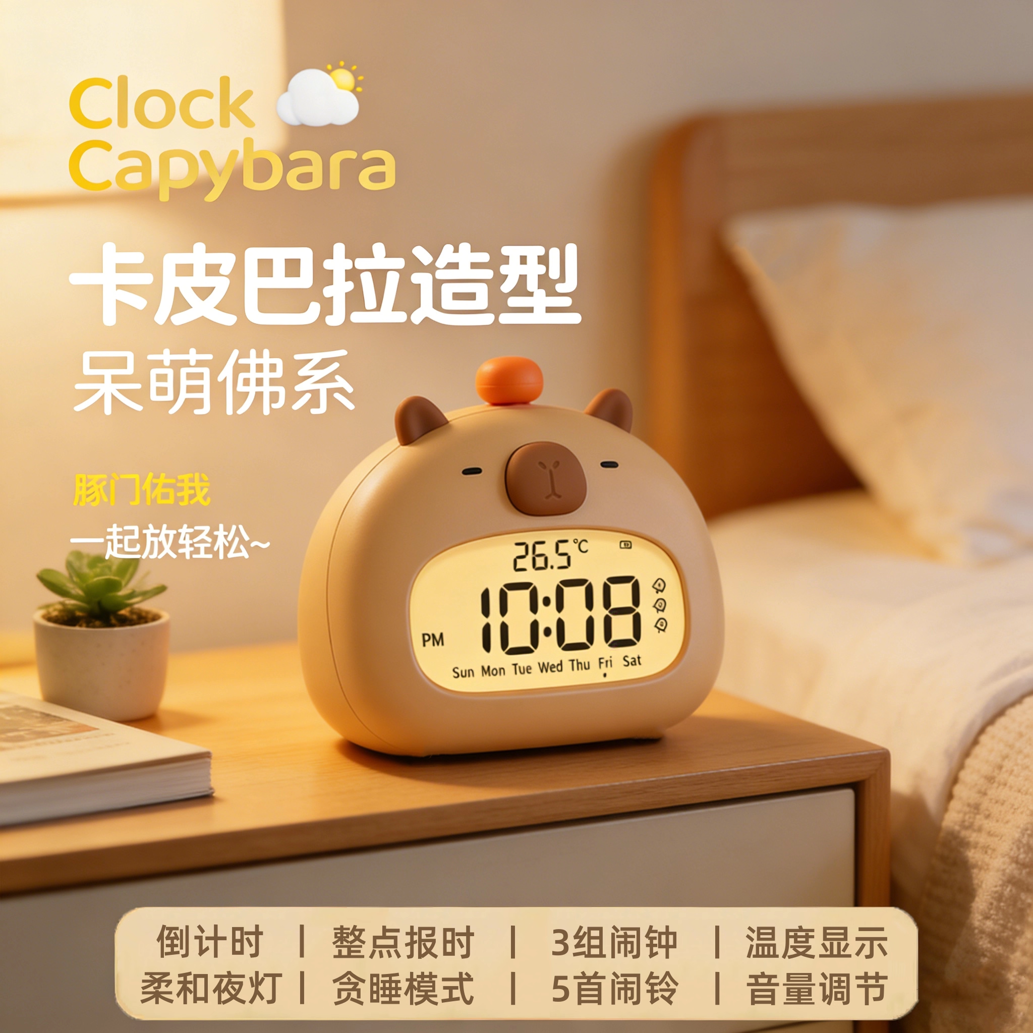 智能倒计时卡皮巴拉儿童闹钟夜灯图片