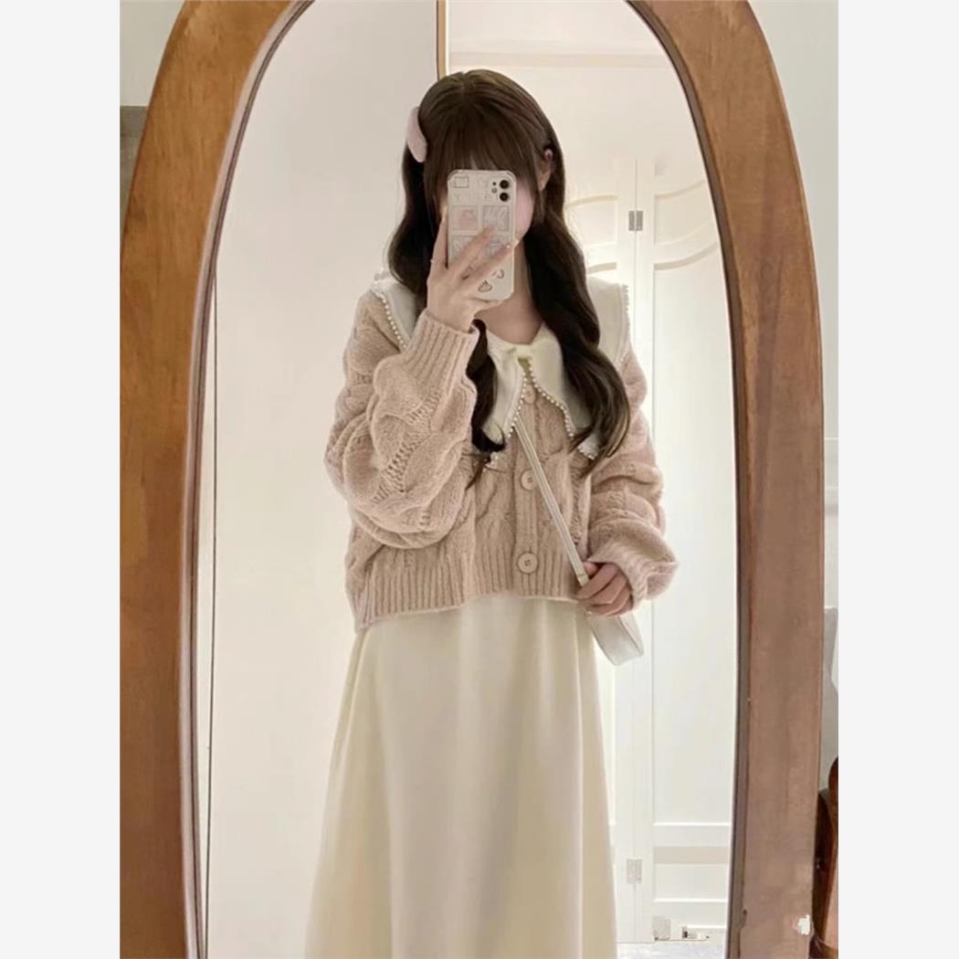 学院风小个子温柔奶系穿搭针织开衫毛衣外套女秋冬连衣裙两件套装