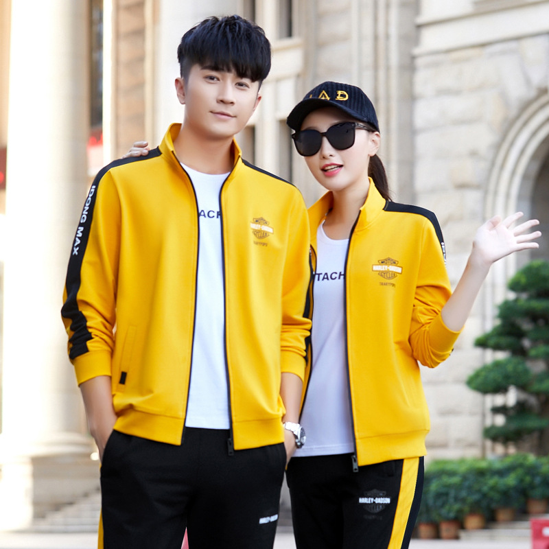 春秋款青年男士开衫拼色三件套团体情侣款外套卫衣跑步运动服套装